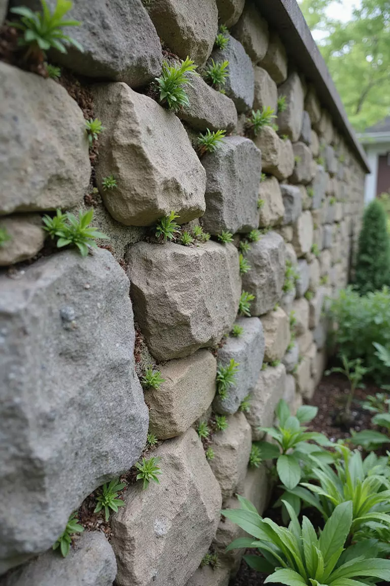 A close-up photo of a typical American home's garden showing a vertical rock wall with small plants growing from pockets between stones, creating a living wall effect.
