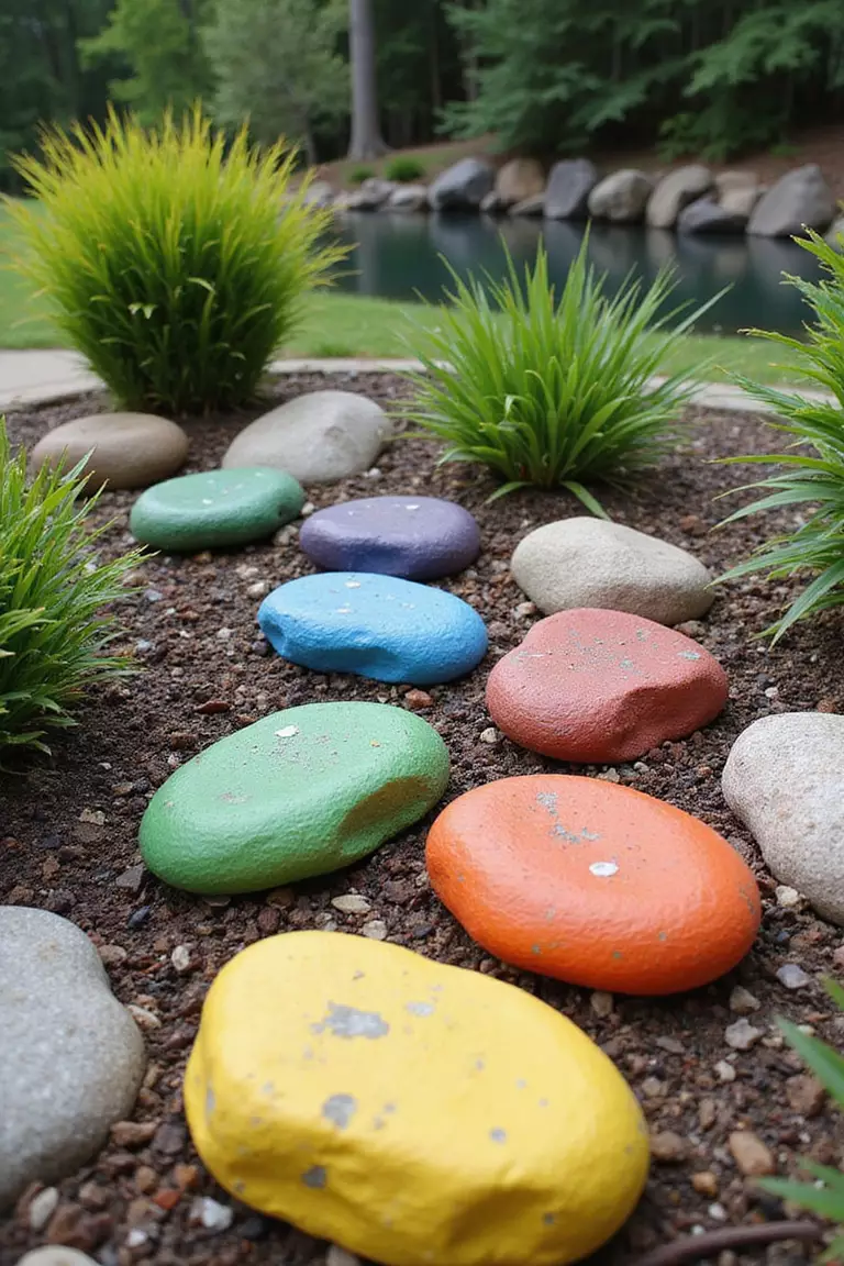 A close-up photo of a typical American home's garden with smooth rocks painted in bright colors arranged among plants and natural stones.