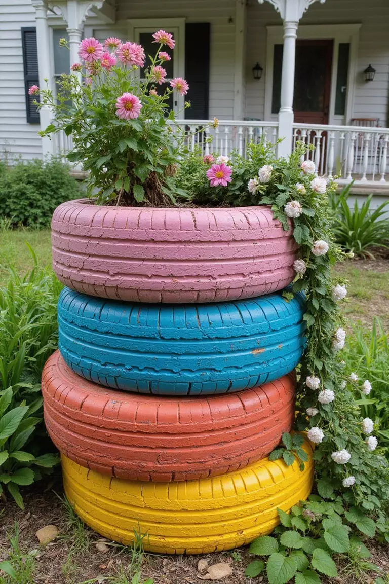 A photo of a typical American home's garden with old tires painted in bright colors, stacked and filled with flowers and trailing plants.