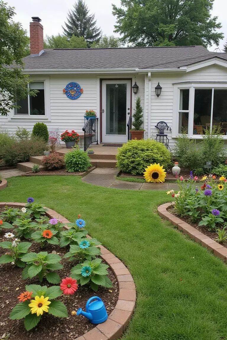 Backyard of a typical American suburban home with a garden featuring child-sized tools, sunflower house, strawberry patch, colorful pinwheels, small watering cans.