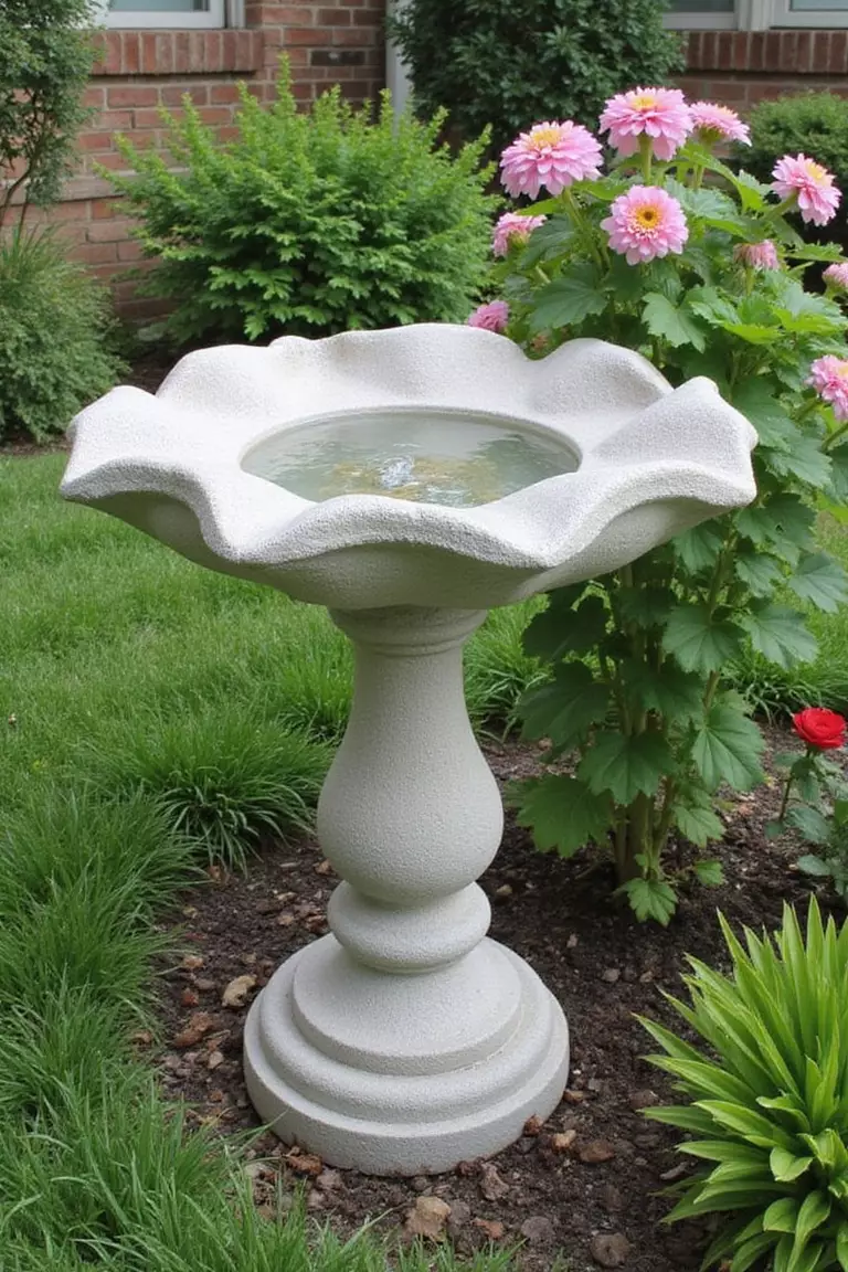 DIY Concrete Leaf Birdbath A photo of a typical American home's garden featuring a homemade concrete birdbath shaped like a large leaf, with water pooled in the center, placed among flowers and plants.