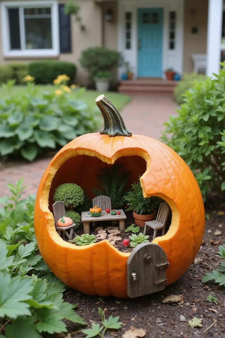 A photo of a typical American home's garden featuring a hollowed mini pumpkin transformed into a fairy garden with tiny plants growing inside, miniature furniture, and a fairy door on the pumpkin's side.