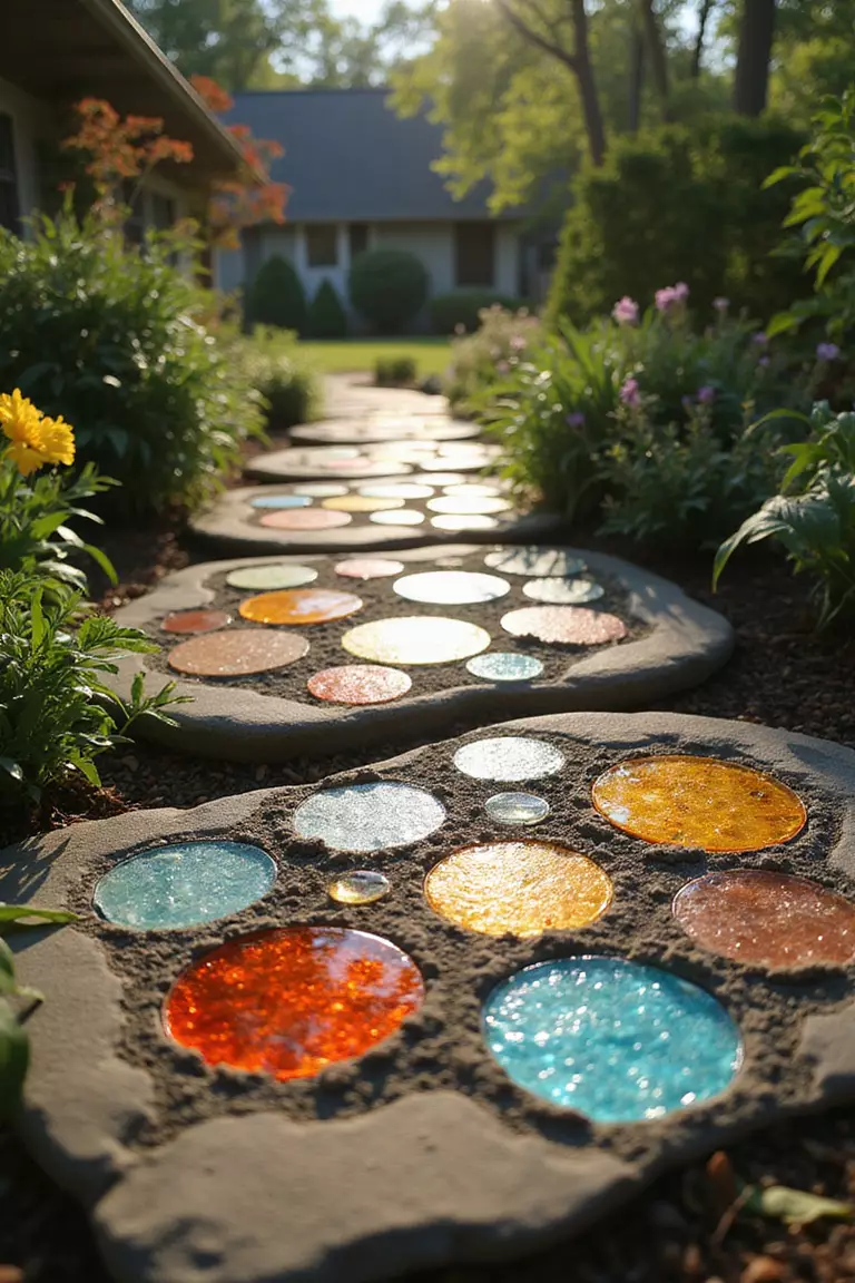 A close-up photo of a typical American home's garden featuring stepping stones with colored glass pieces arranged to create a stained glass window effect when sunlight shines through.