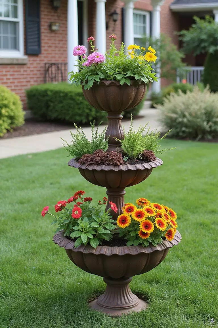 A photo of a typical American home's garden with a three-tiered planter stand displaying various colorful flowers and plants at different heights.