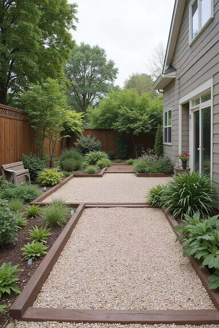 A photo of a typical American home's garden gravel patio with minimalist wooden or metal structures defining spaces, surrounded by carefully raked gravel.