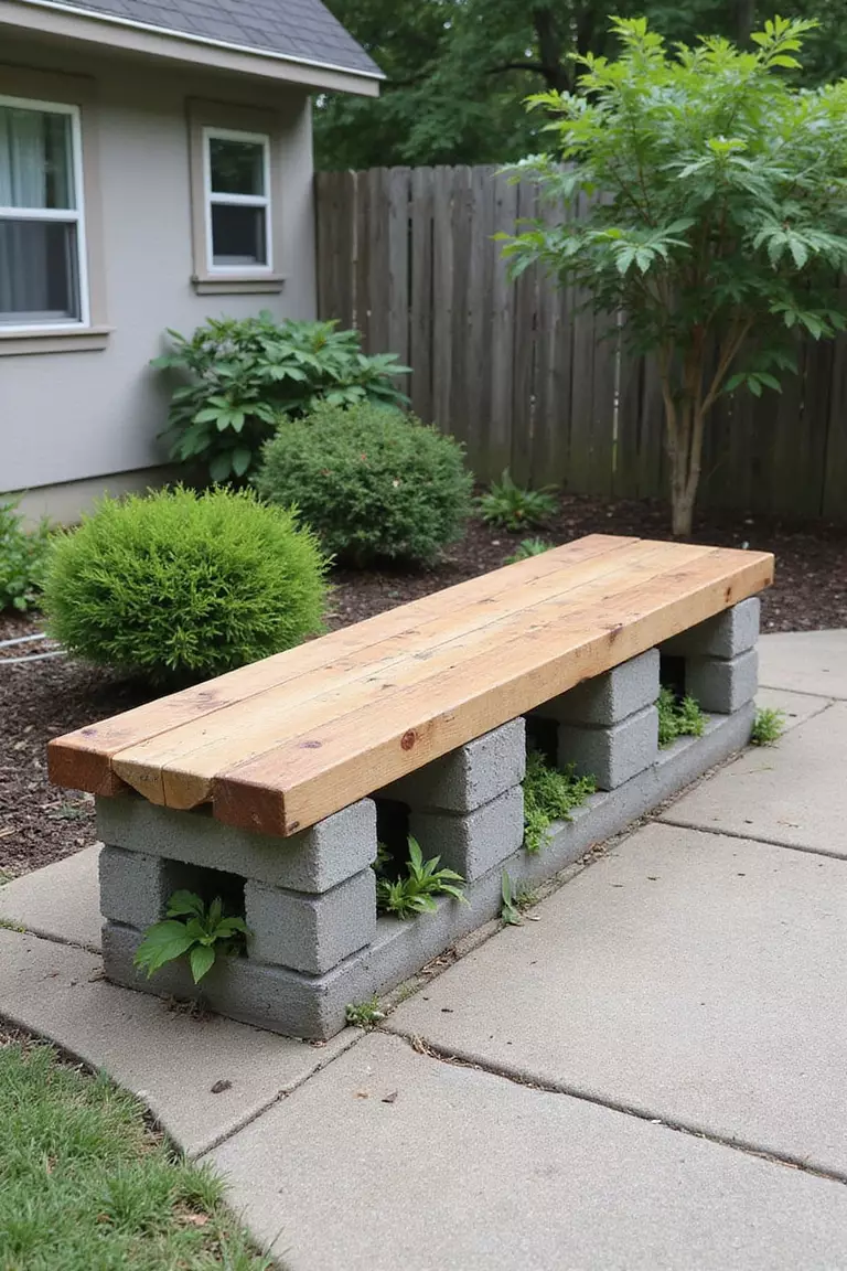 A photo of a typical American home's garden with a DIY bench made from cinder blocks and wooden boards on a patio, with plants growing from the cinder block openings.