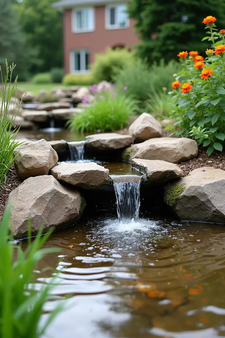 A photo of a typical American home's garden with water flowing over rocks into a small pond, surrounded by water-loving plants and decorative stones.