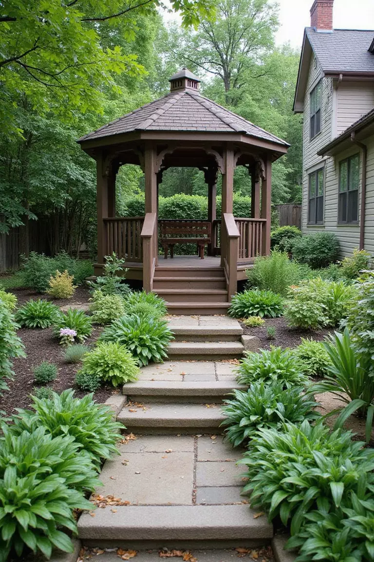 Backyard of a typical American suburban home with a garden containing a gazebo built at a lower level than surrounding yard, with steps leading down, surrounded by lush plantings creating a secret garden feel.