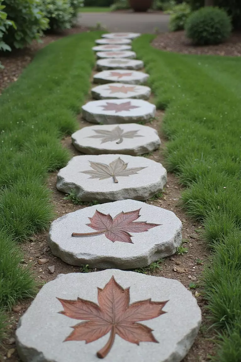 A close-up photo of a typical American home's garden featuring concrete stepping stones with realistic leaf impressions on their surface, arranged along a garden path.