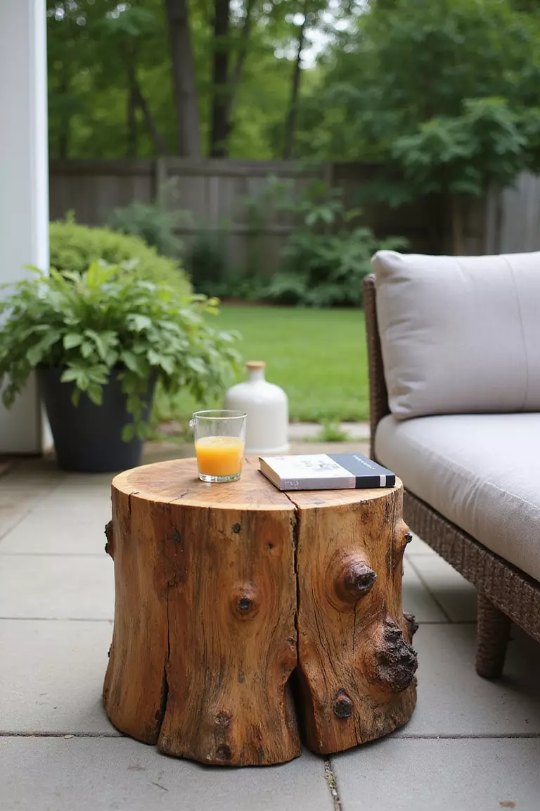A photo of a typical American home's garden patio with a polished tree stump being used as a side table, holding a drink and book beside a lounge chair.