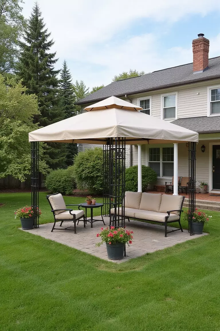 Backyard of a typical American suburban home with a garden showing a temporary canvas gazebo with metal frame, easily assembled and disassembled, with portable furniture and potted plants.