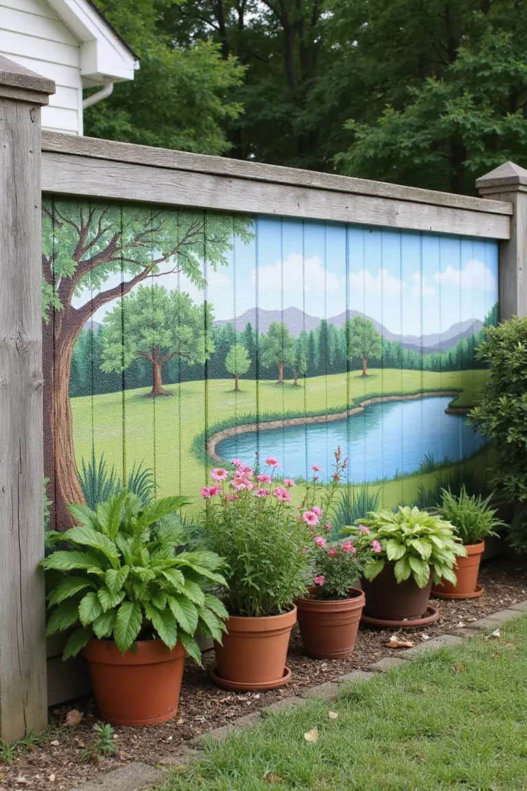 Painted Mural A photo of a typical American home's garden featuring a hand-painted landscape mural on a fence wall with potted plants arranged below it.