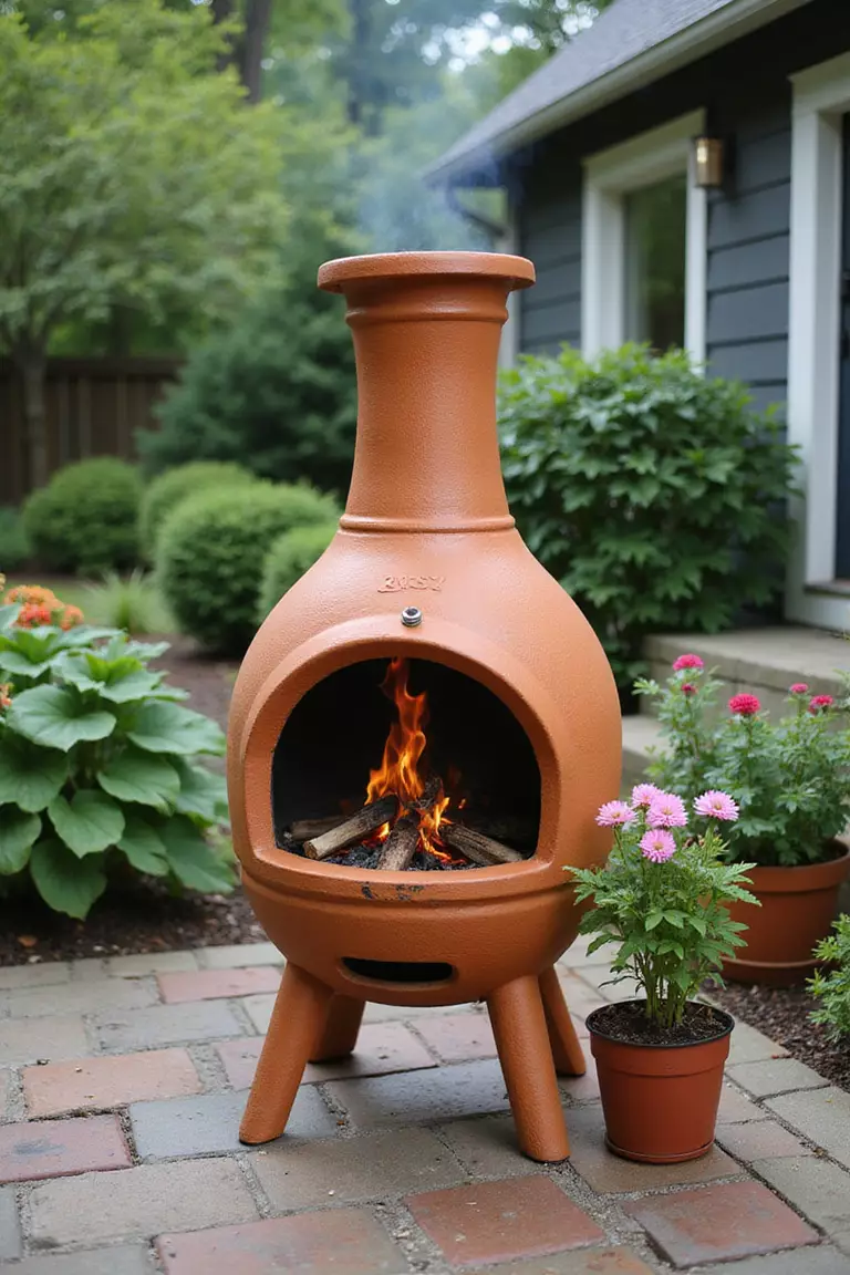 A photo of a typical American home's garden featuring a clay chiminea with fire burning inside, smoke coming from the chimney top, placed on a patio with potted plants nearby