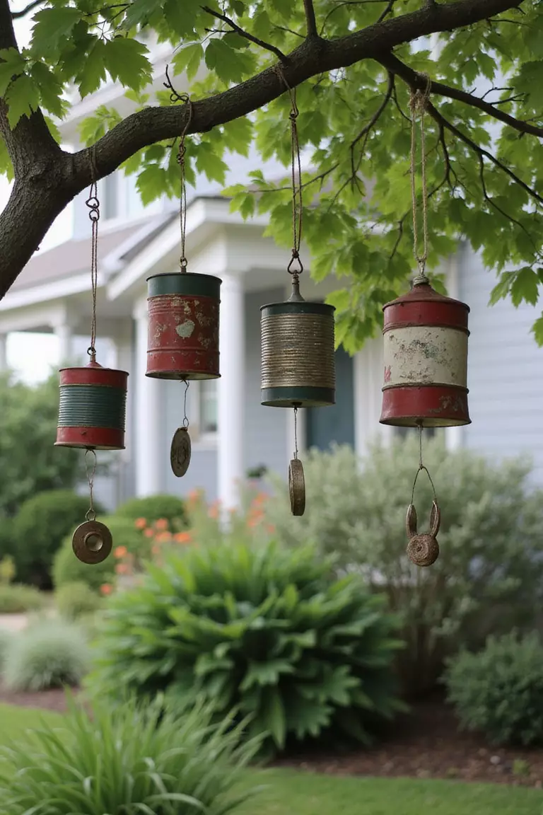 A photo of a typical American home's garden with painted tin cans of varying sizes hanging from a tree branch, small metal objects dangling beneath them creating soft musical sounds.