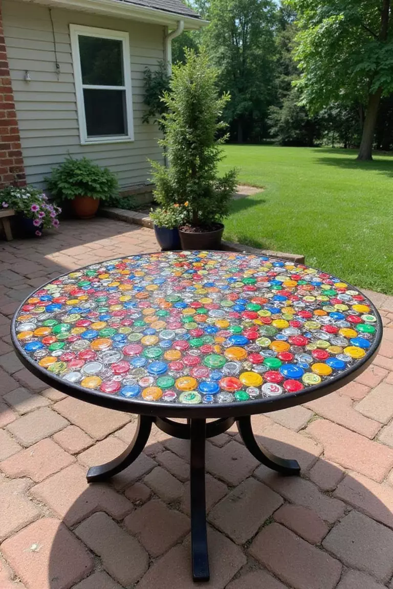 Bottle Cap Table Top A photo of a typical American home's garden patio featuring a small outdoor table with a surface completely covered in colorful bottle caps arranged in a pattern, sealed with clear resin.