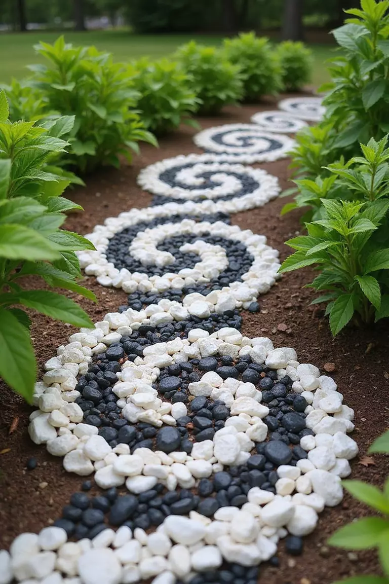 A close-up photo of a typical American home's garden featuring a spiral pattern made from white and dark pebbles arranged on soil between green plants.