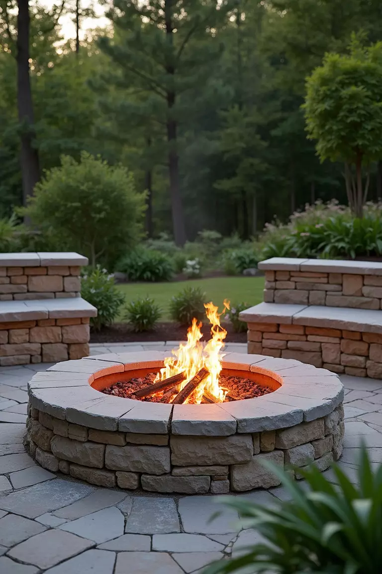 A close-up photo of a typical American home's garden showing a sunken fire pit with stone edges, glowing embers, and built-in seating around it