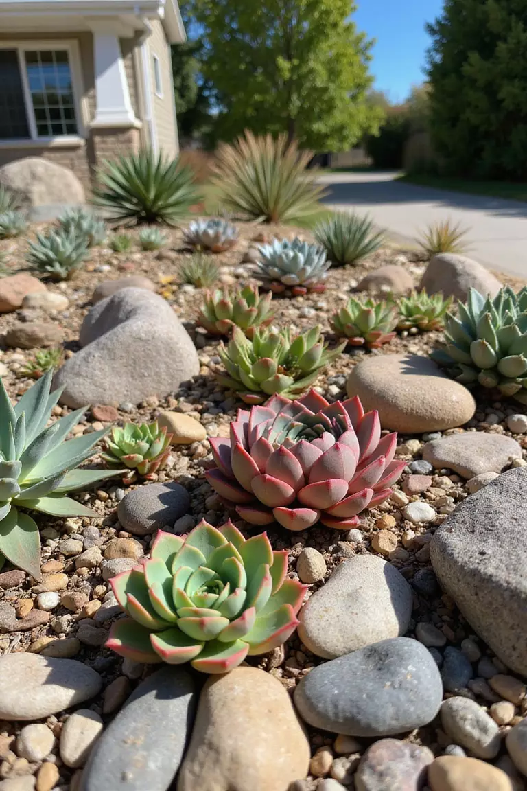 A close-up photo of a typical American home's garden featuring colorful succulents nestled between rocks of various sizes and textures in a sunny area.
