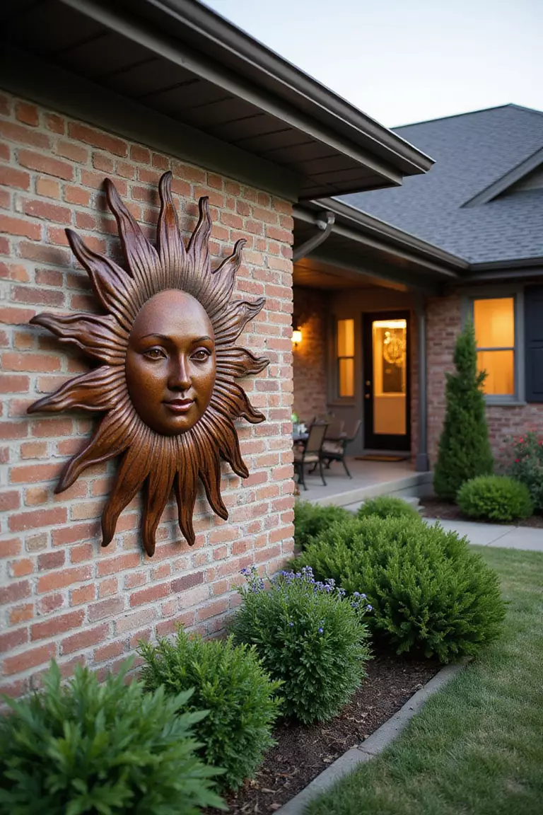 Metal Wall Art A close-up photo of a typical American home's garden featuring a large, rustic metal sun sculpture mounted on a brick exterior wall with soft garden lighting.