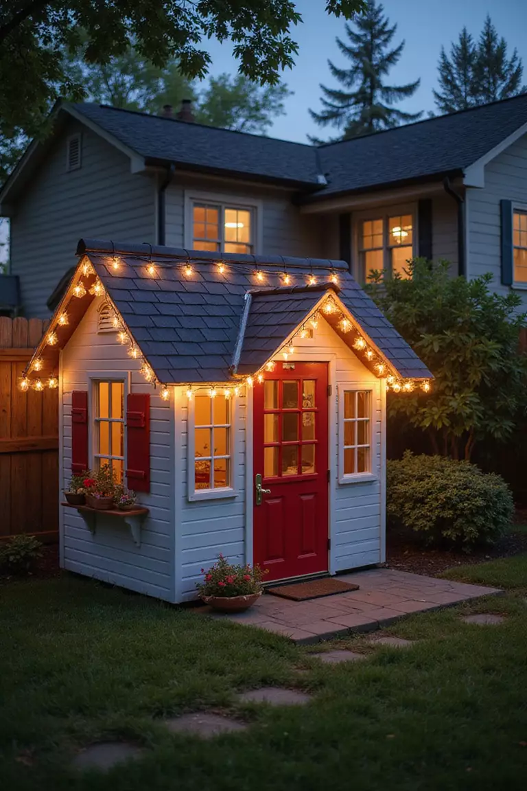 A photo of a typical American home's backyard featuring a children's playhouse decorated with colorful string lights outlining the roof and windows.
