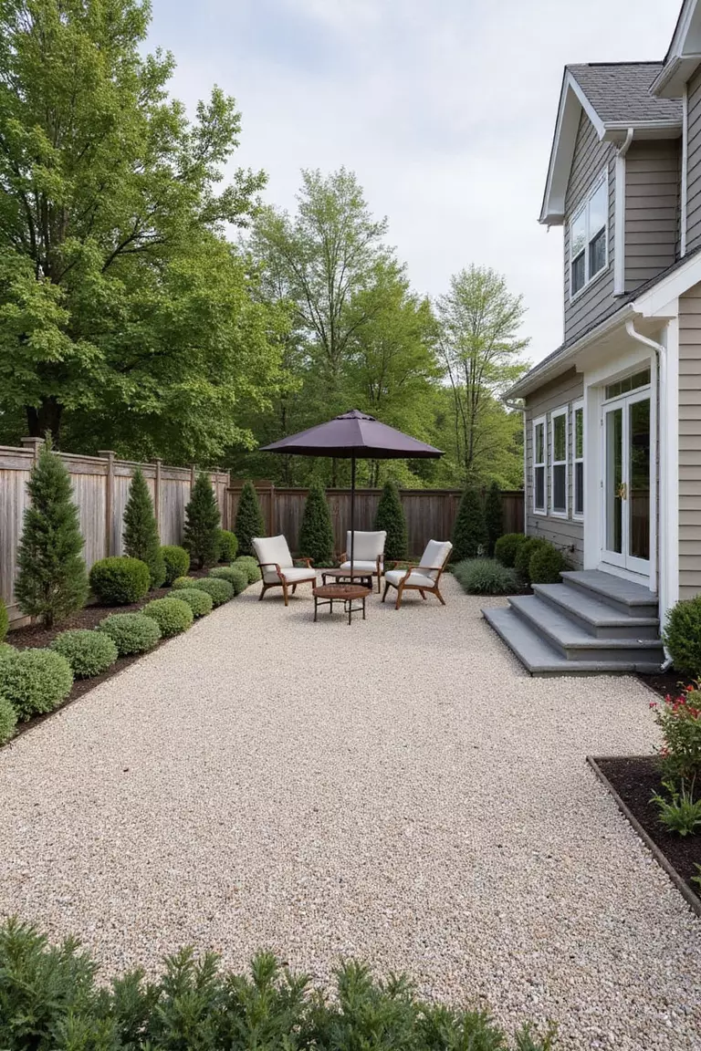 A photo of a typical American home's garden gravel patio with minimal elements, featuring clean lines, even gravel distribution, and perhaps just one or two quality furniture pieces.