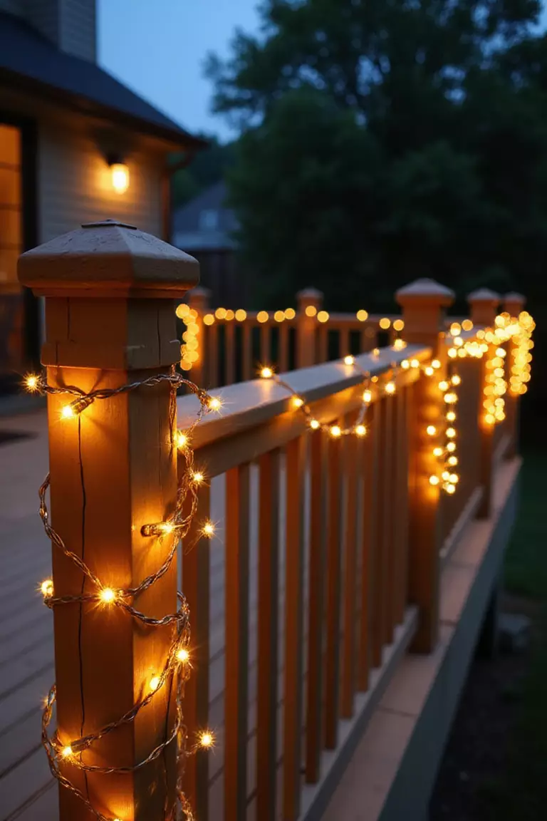 A close-up photo of a typical American home's deck railing with string lights wrapped in a spiral pattern around the posts and rails.
