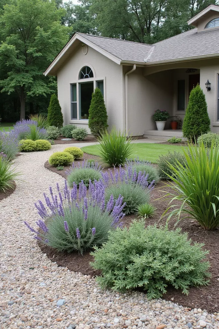 A photo of a typical American home's garden featuring drought-resistant plants like lavender, sedum, Russian sage, and ornamental grasses arranged with decorative gravel