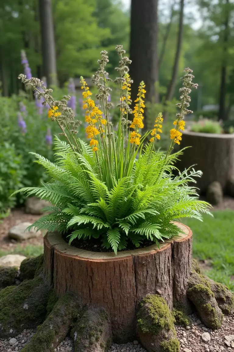 A close-up photo of a typical American home's garden with a hollowed tree stump repurposed as a planter filled with woodland ferns and flowering shade plants.