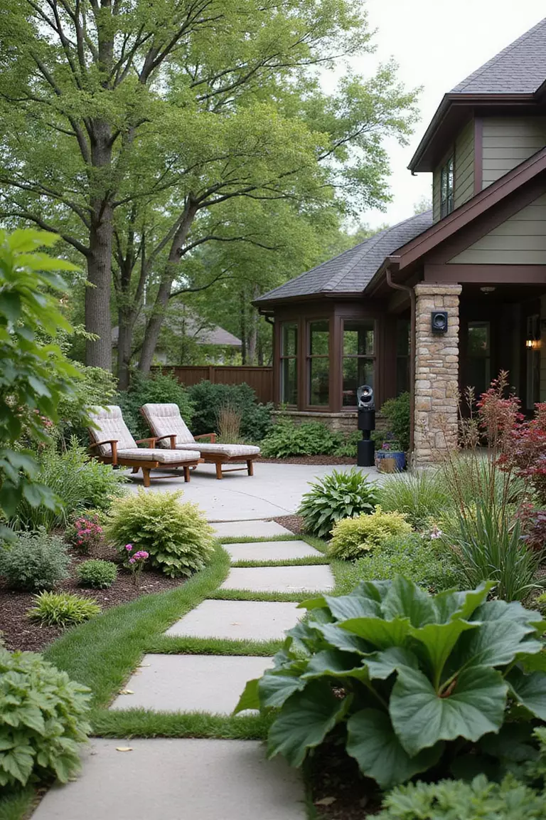 Backyard of a typical American suburban home with a garden featuring weather-resistant speakers discreetly placed among plants near a patio lounging area.