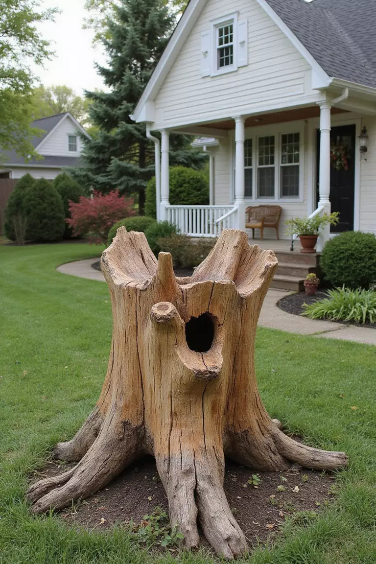 A photo of a typical American home's garden with a weathered tree stump that has been carved into an artistic shape, highlighting the natural wood grain and form.