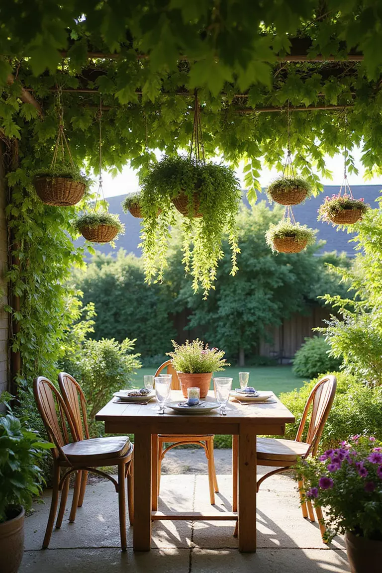 A photo of a typical American home's garden with hanging plants suspended above outdoor dining table, creating lush green canopy with dappled sunlight filtering through.