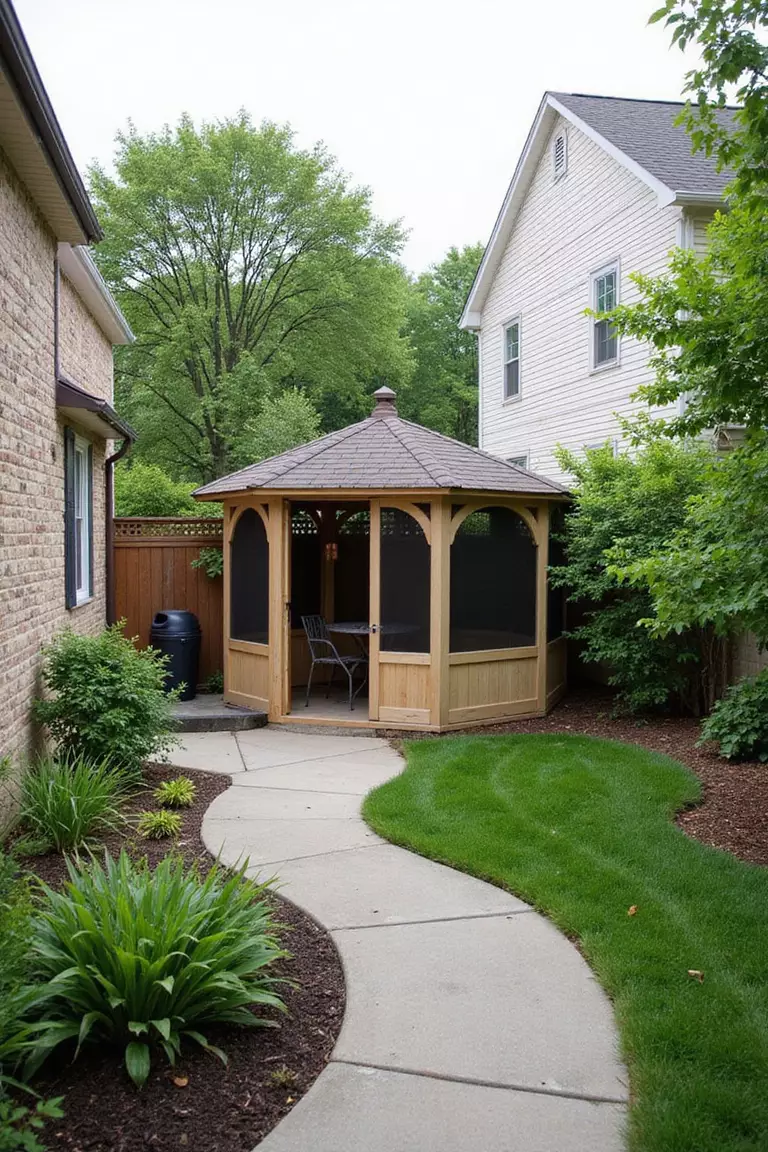Backyard of a typical American suburban home with a garden showing a triangular corner gazebo tucked into a fence corner, with climbing plants, small bistro set, and efficient use of limited space.