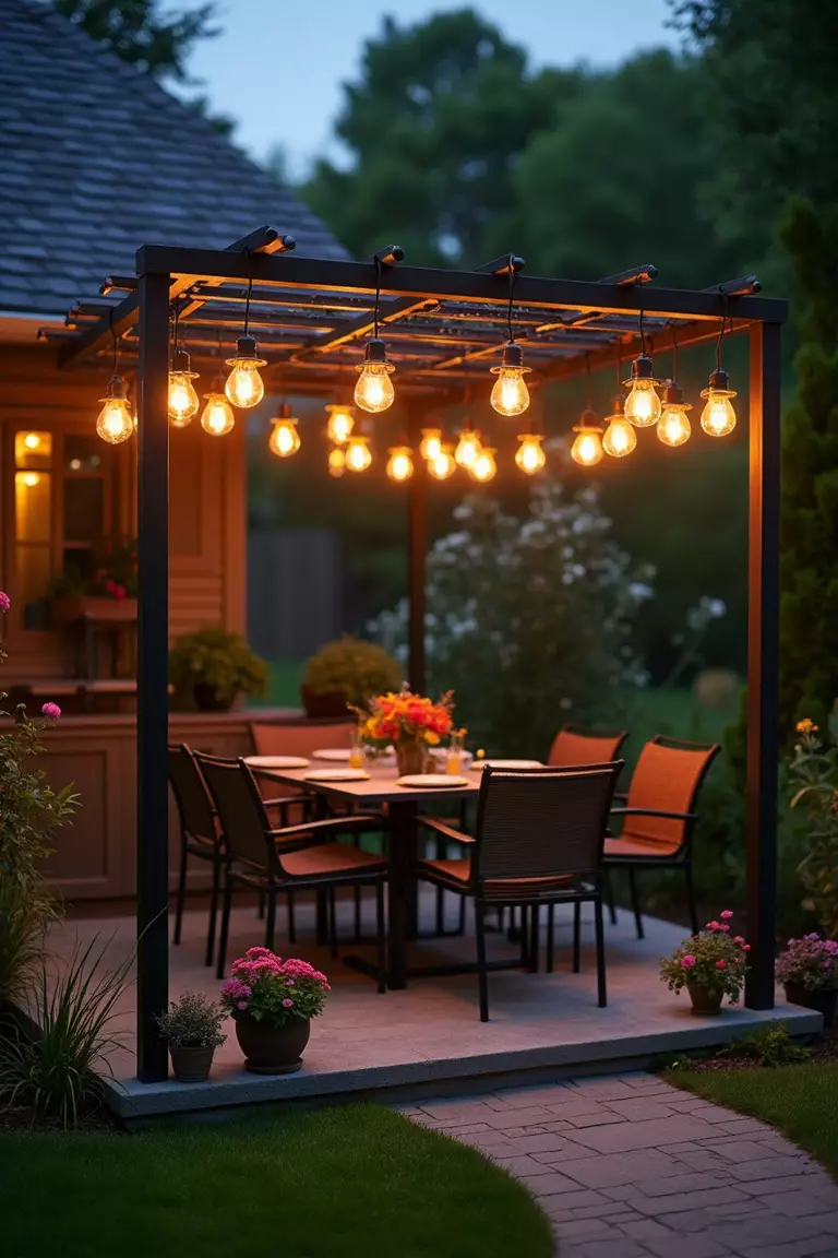 A photo of a typical American home's garden with a hanging metal frame adorned with multiple solar lights, creating a glowing chandelier effect over an outdoor dining area.