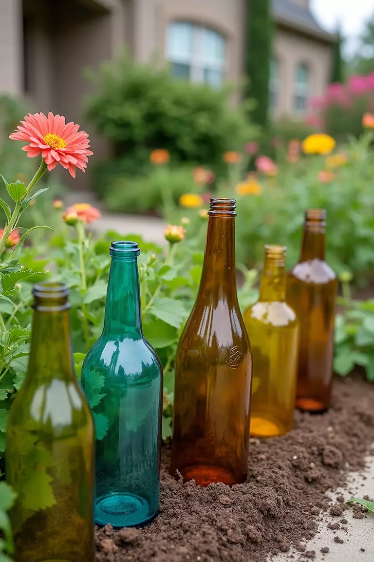 A close-up photo of a typical American home's garden featuring colorful glass bottles placed upside down in soil to create a whimsical border around flowering plants.
