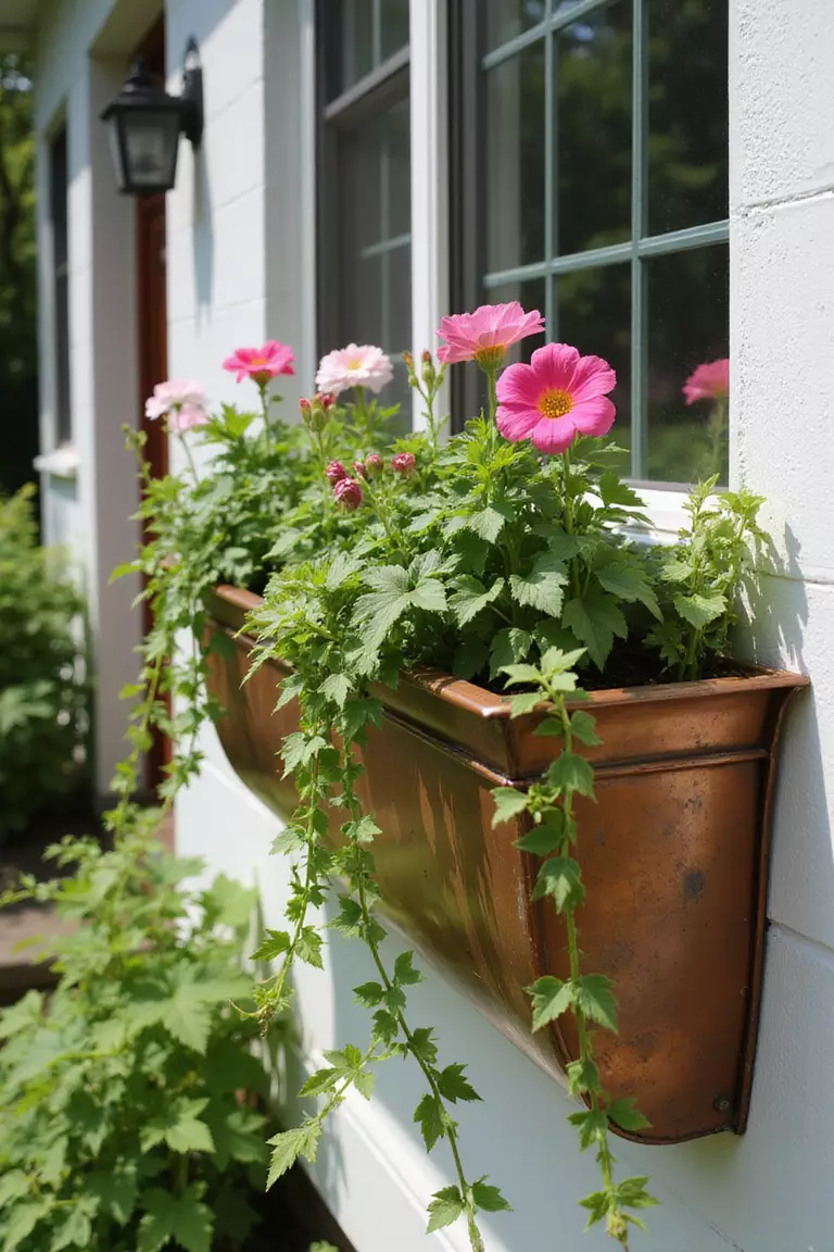 A close-up photo of a typical American home's garden showing gleaming copper window boxes developing a natural patina, filled with trailing ivy and bright flowers.