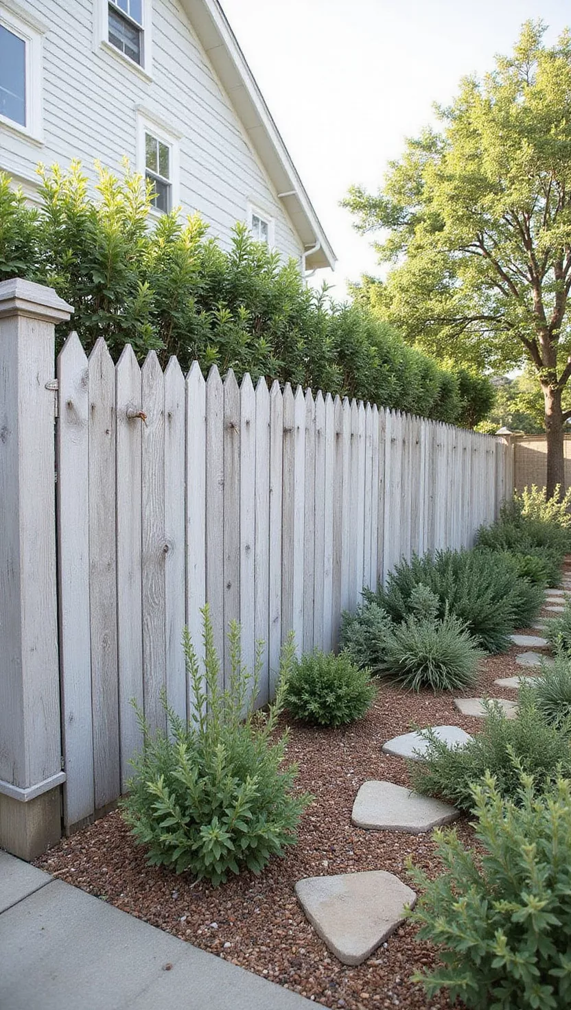 A photo of a typical American home's garden showing a fence painted in weathered driftwood gray with coastal plants and natural textures creating a relaxed, beachy garden atmosphere.