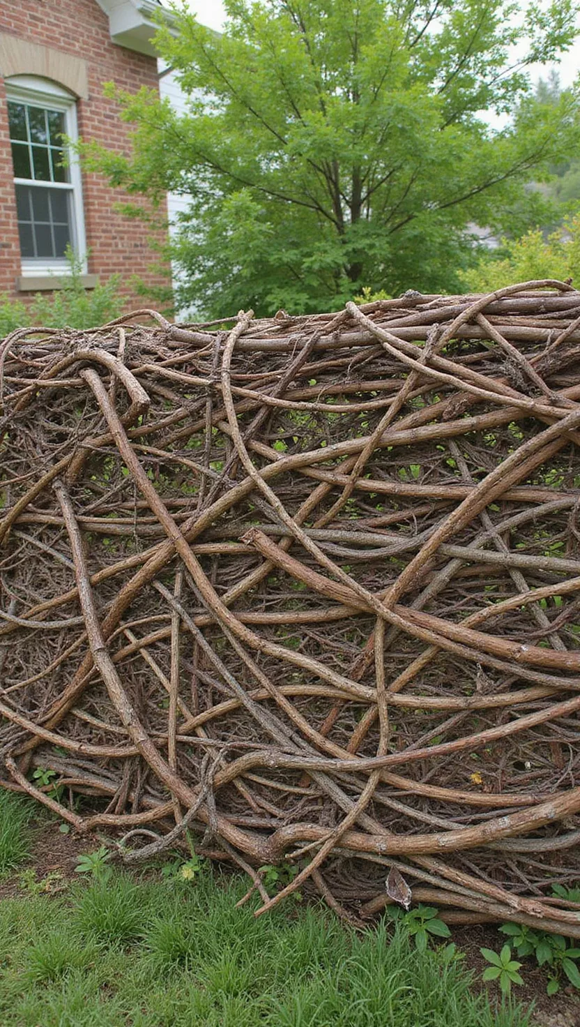 A photo of a typical American home's garden featuring interwoven flexible branches creating a basket-like fence pattern with natural brown textures and organic curves