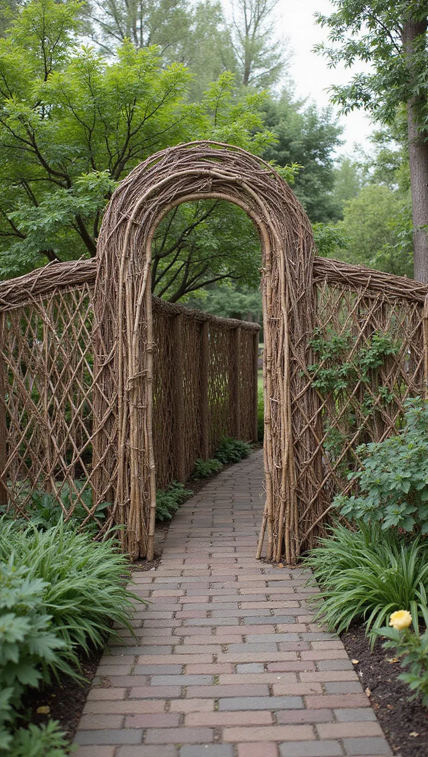 A photo of a typical American home's garden featuring interwoven branches creating hurdle-style fence panels with natural brown textures and traditional weaving patterns