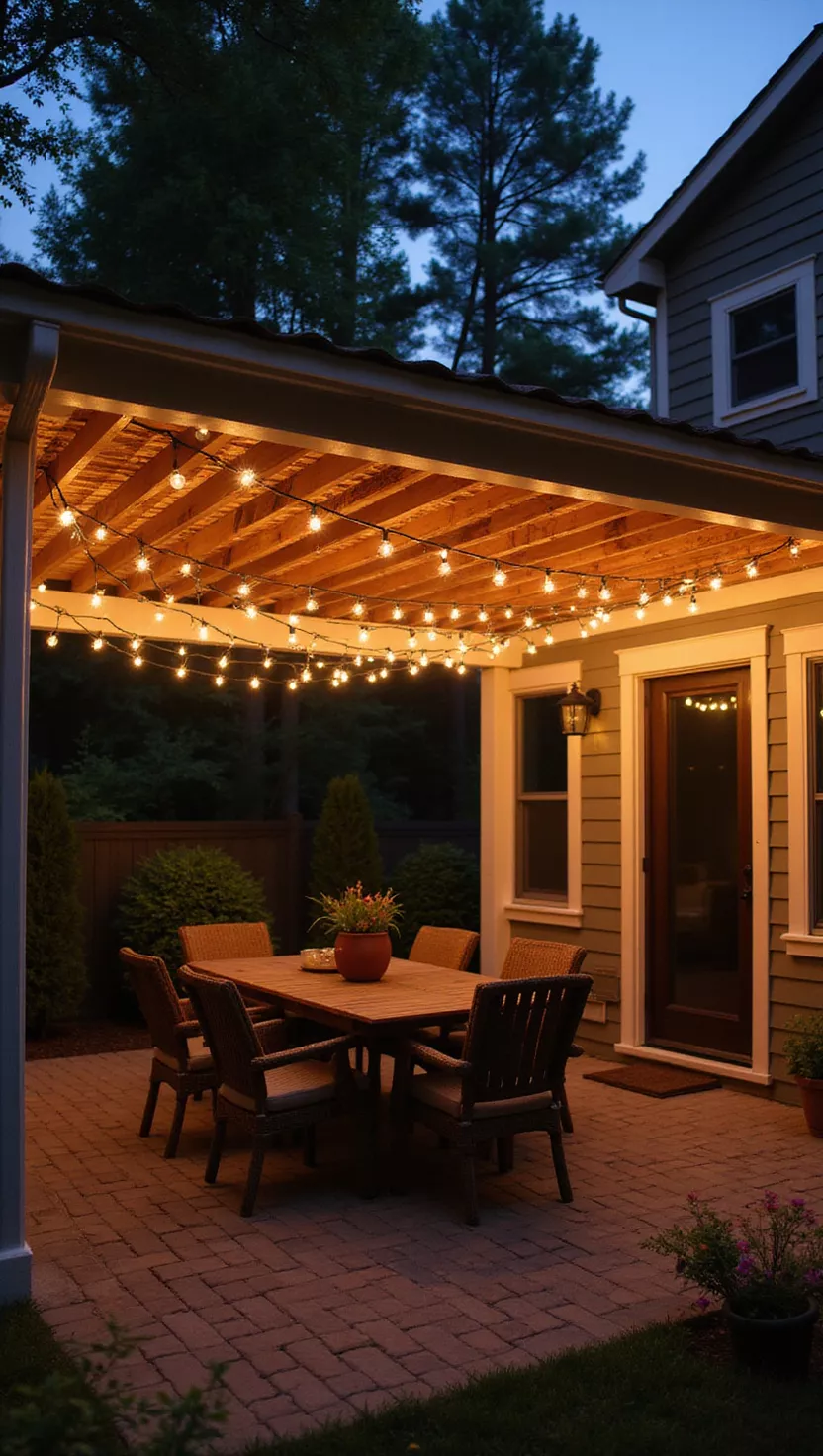 A photo of a typical American home’s garden patio draped with crisscrossed outdoor string lights under a slatted roof, illuminating a dining set at night