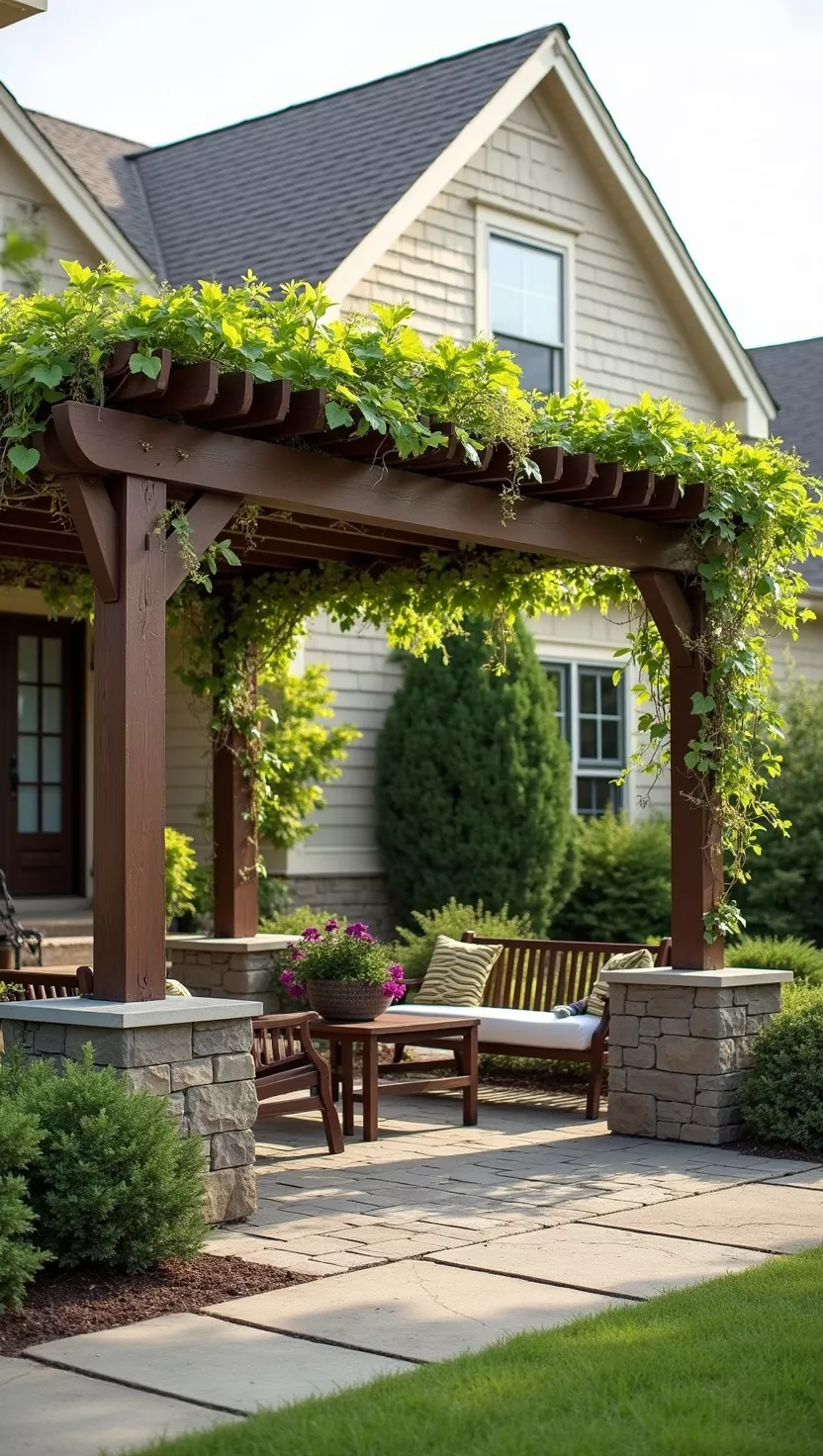 A photo of a typical American home's garden showing a wooden pergola structure over a seating area, with climbing plants beginning to grow on it and outdoor furniture positioned underneath
