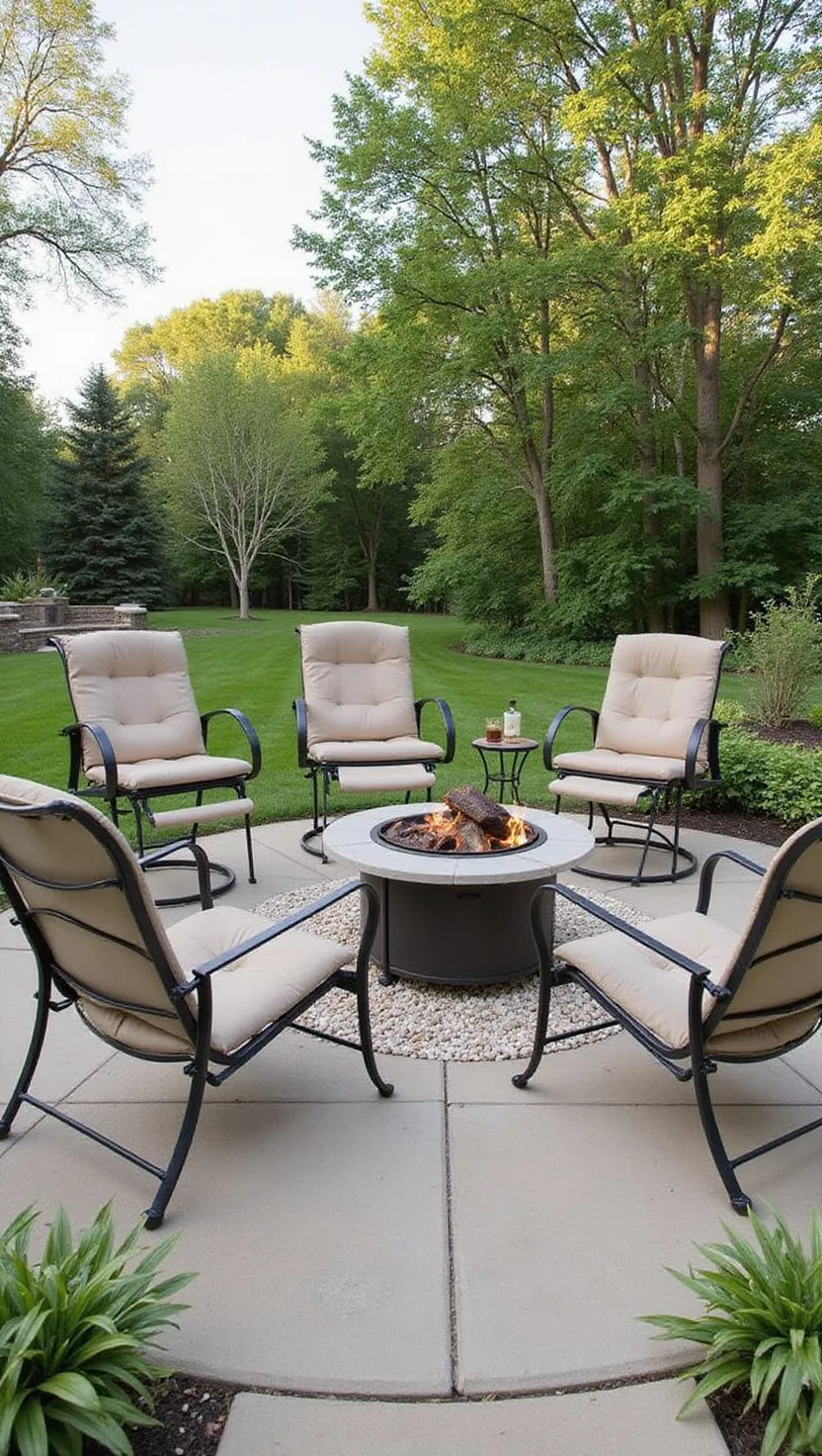 A photo of a typical American home's garden showing adjustable outdoor recliners with footrests positioned around a fire pit, featuring weather-resistant frames and cushions.