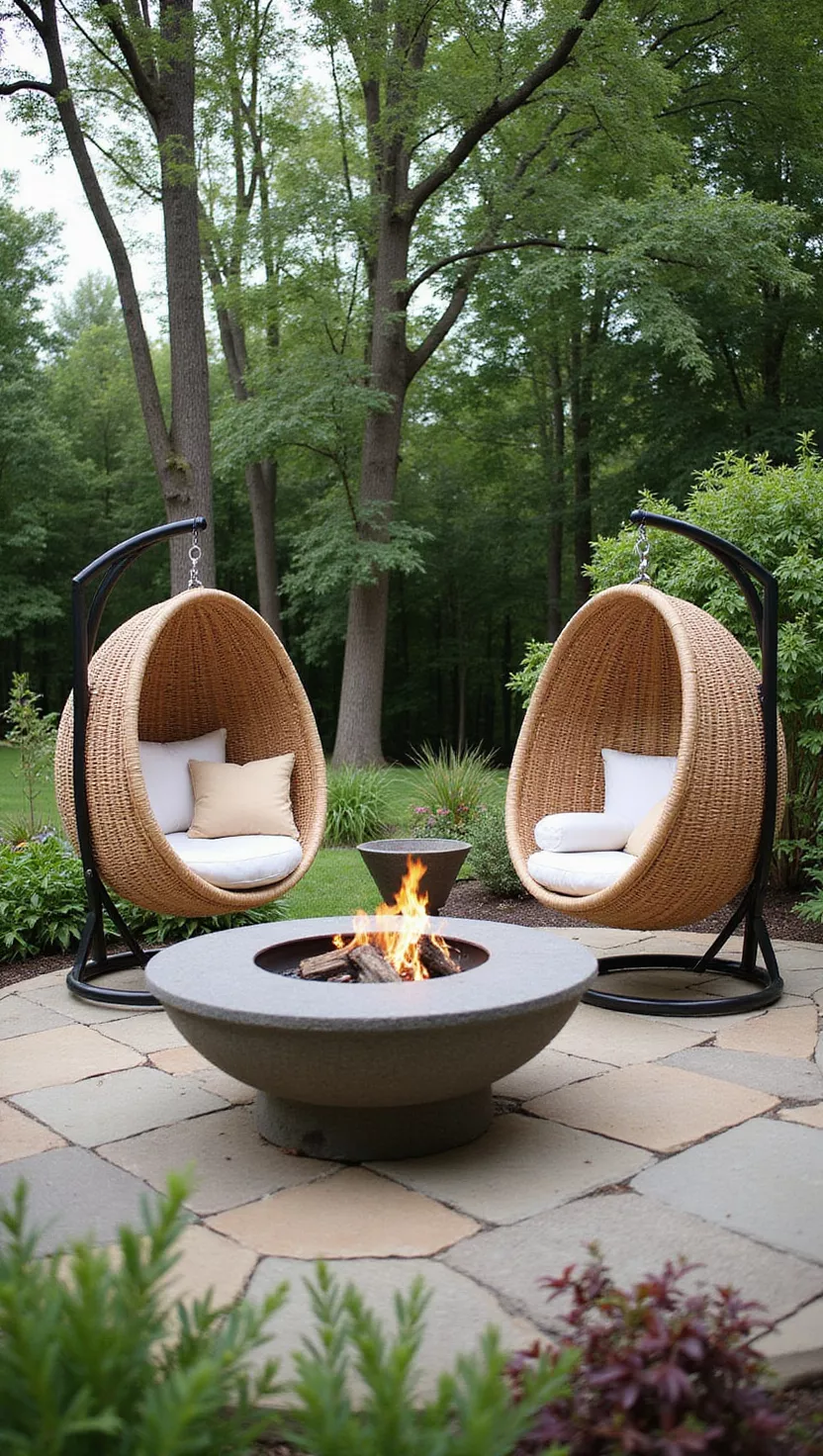 A photo of a typical American home's garden featuring wicker egg-shaped hanging chairs with cushions suspended near a fire pit, creating cozy enclosed seating pods.