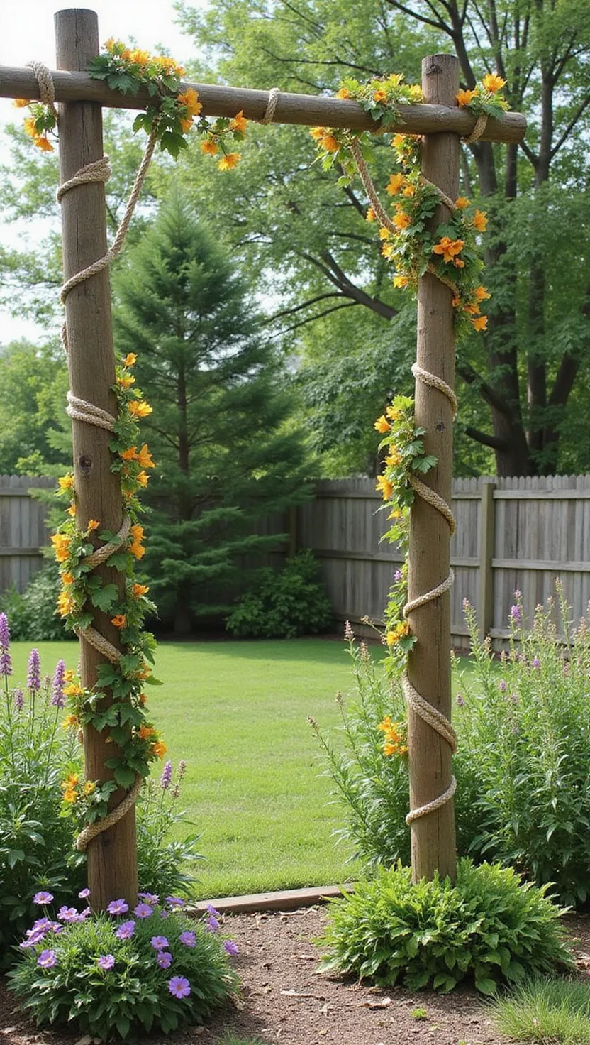 A photo of a typical American home's garden showing a simple arch made from wooden posts with thick rope strung between them and nasturtium vines climbing up the rope.