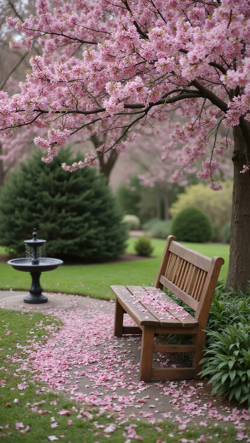 A photo of a typical American home’s garden showing a wooden bench under a flowering cherry tree, facing a birdbath, with fallen pink petals on the seat.