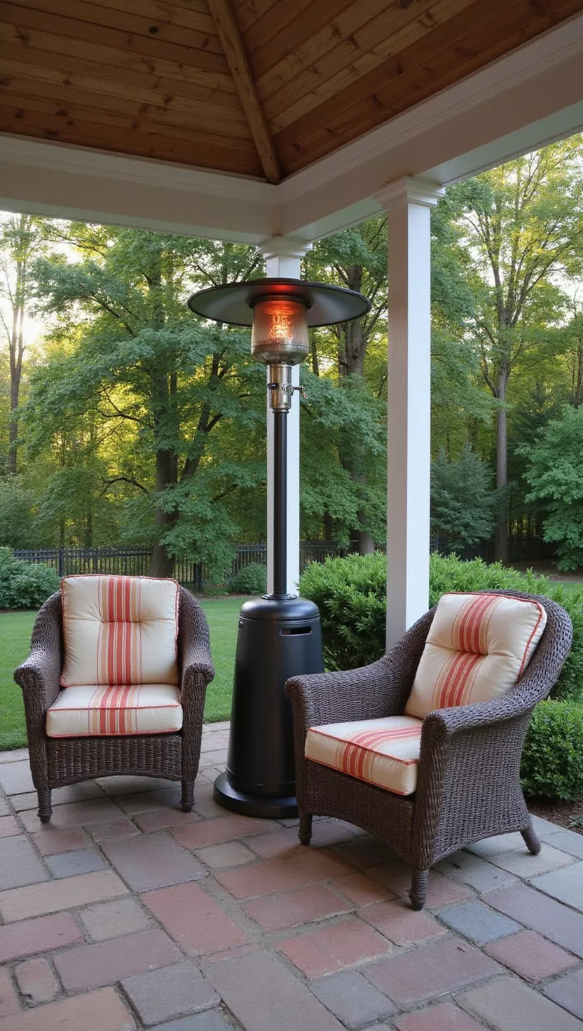 A photo of a typical American home’s garden covered patio corner with a tall mushroom-style heater warming a cluster of armchairs on cool evenings