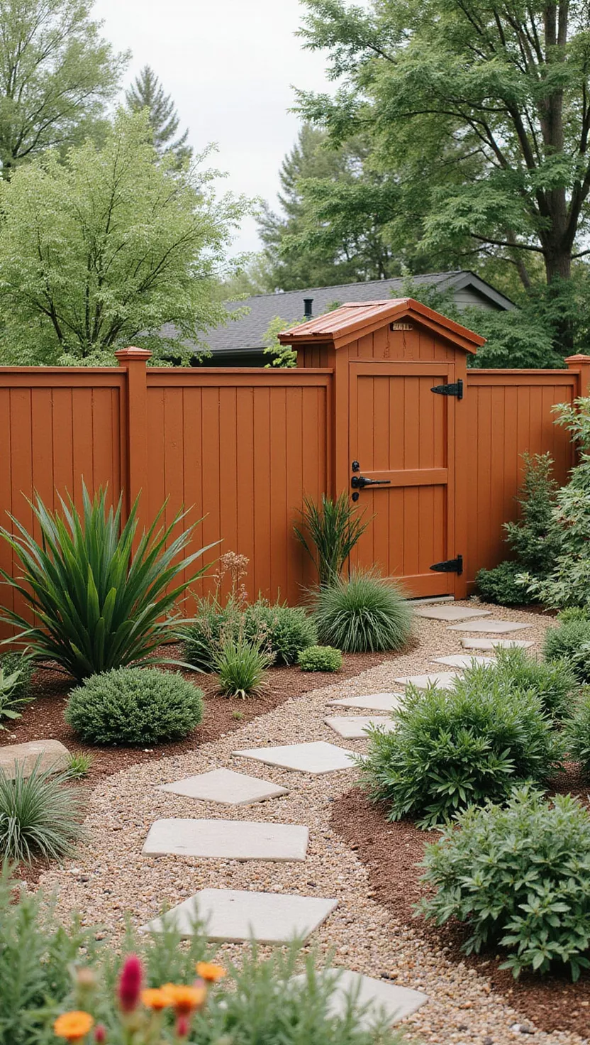 A photo of a typical American home's garden showing a fence painted in warm terracotta orange with Mediterranean-style plants and gravel pathways creating an earthy garden design.