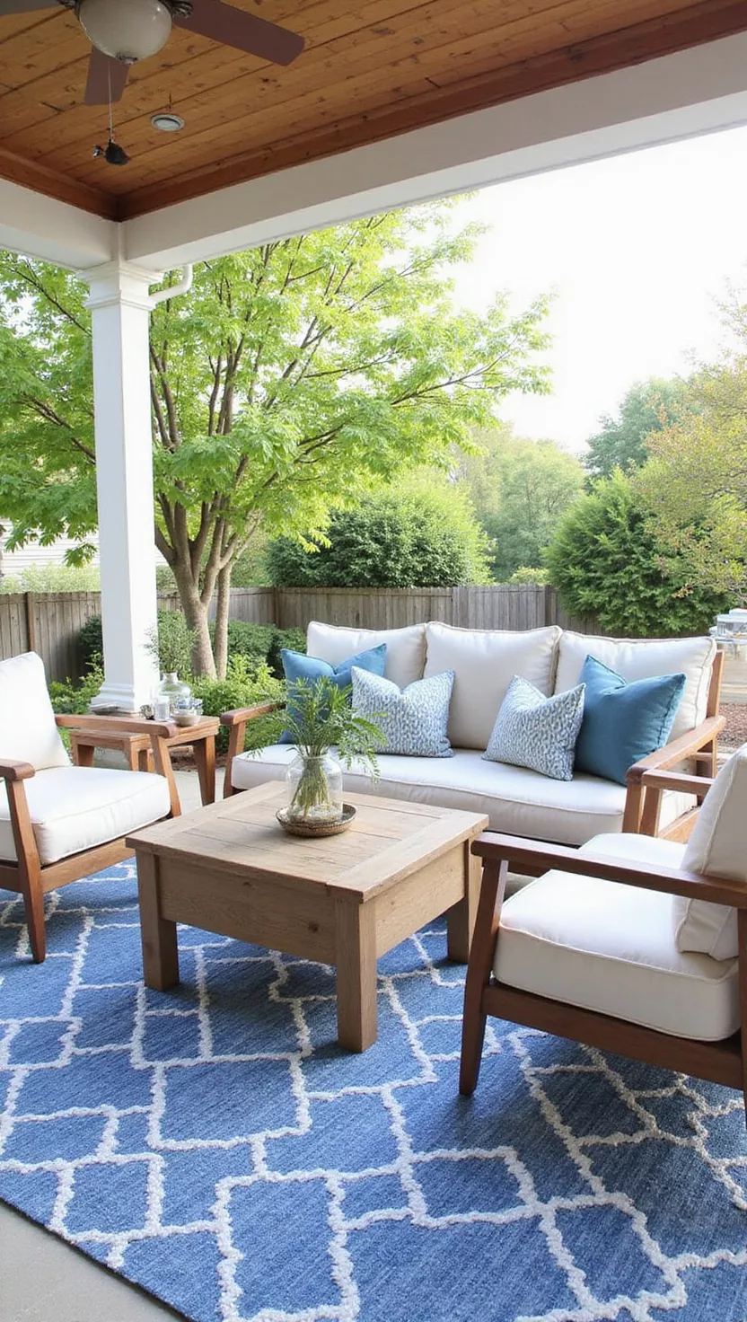 A photo of a typical American home’s garden patio with a large blue patterned outdoor rug defining a seating group under roof cover