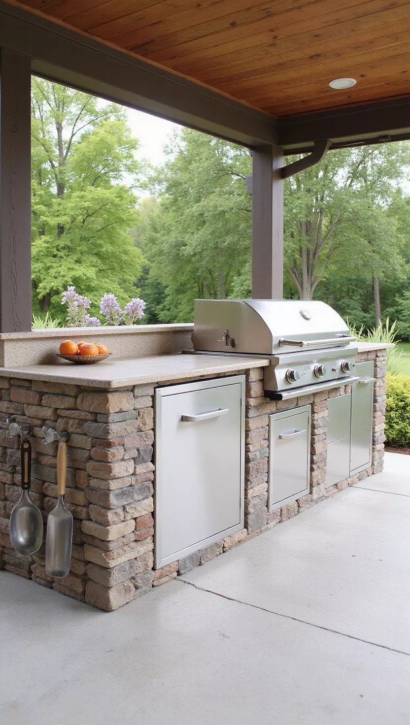 A close-up photo of a typical American home’s garden patio with a small built-in grill station under roof cover, featuring counter space and hanging utensil hooks