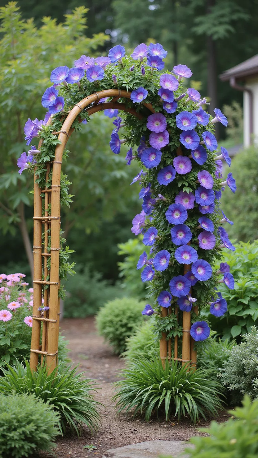 A photo of a typical American home's garden displaying a natural bamboo arch trellis with bright blue and purple morning glory flowers cascading down the structure.
