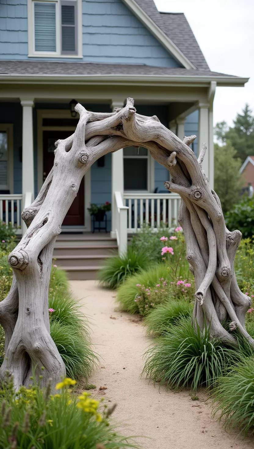 A photo of a typical American home's garden featuring an arch constructed from weathered driftwood pieces with beach grass and seaside plants growing around the base.